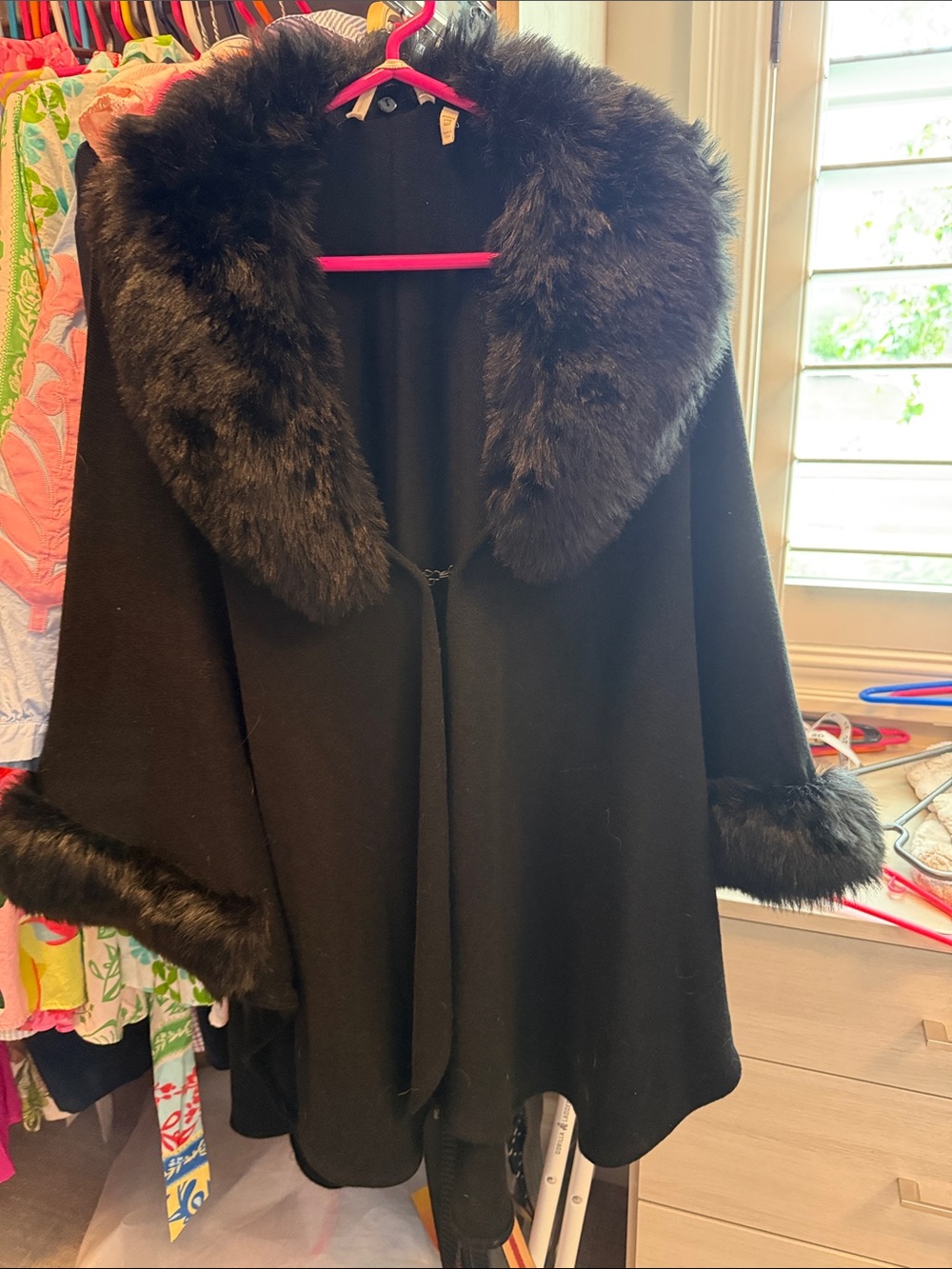 Soft Surroundings Black Faux Fur-Trim Cape Jacket